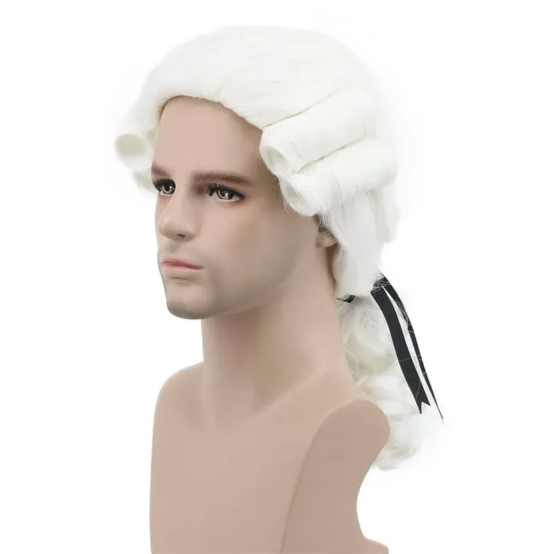 Karlery Judge Colonial Wig Man Long Wave White Wig Washington Halloween Costume ...