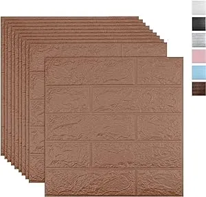 10 PCS Brown 3D Wall Panels, 14.5 sq.feet Coverage, Printable Wallpaper Sticker with Self-Adhesive Waterproof Brick PE Foam Wall Panels Peel and Stick for Interior Wall Decor, Home Decoration