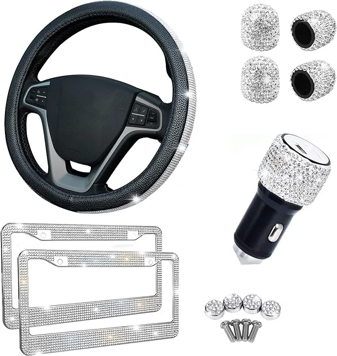 Bling Car Accessories Set for Women and Girls, Universal Diamond Steering Wheel Cover, Bling License Plate Frame, Bling Car USB Charge, Car Bling Ring Emblem,Bling Car Decor Set