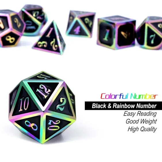 DNDND Rainbow Edge 7 Pieces Metal Dice Set DND Polyhedarl Heavy D&D Dice Set with Metal Tin for Dungeons and Dragons and Role Playing Game