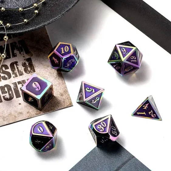 Purple Metal Dice Set D&D, DNDND 7 Die Enamel Polyhedral DND Dice Set with Metal Tin for Dungeons and Dragons and Role Playing Game