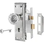 Upgraded Mortise Lock Set for Interior Door, Antique Vintage Style Crystal Glass Door Knobs with Skeleton Key, Reversible for Left & Right Handed Door, Brushed Nickel Finish