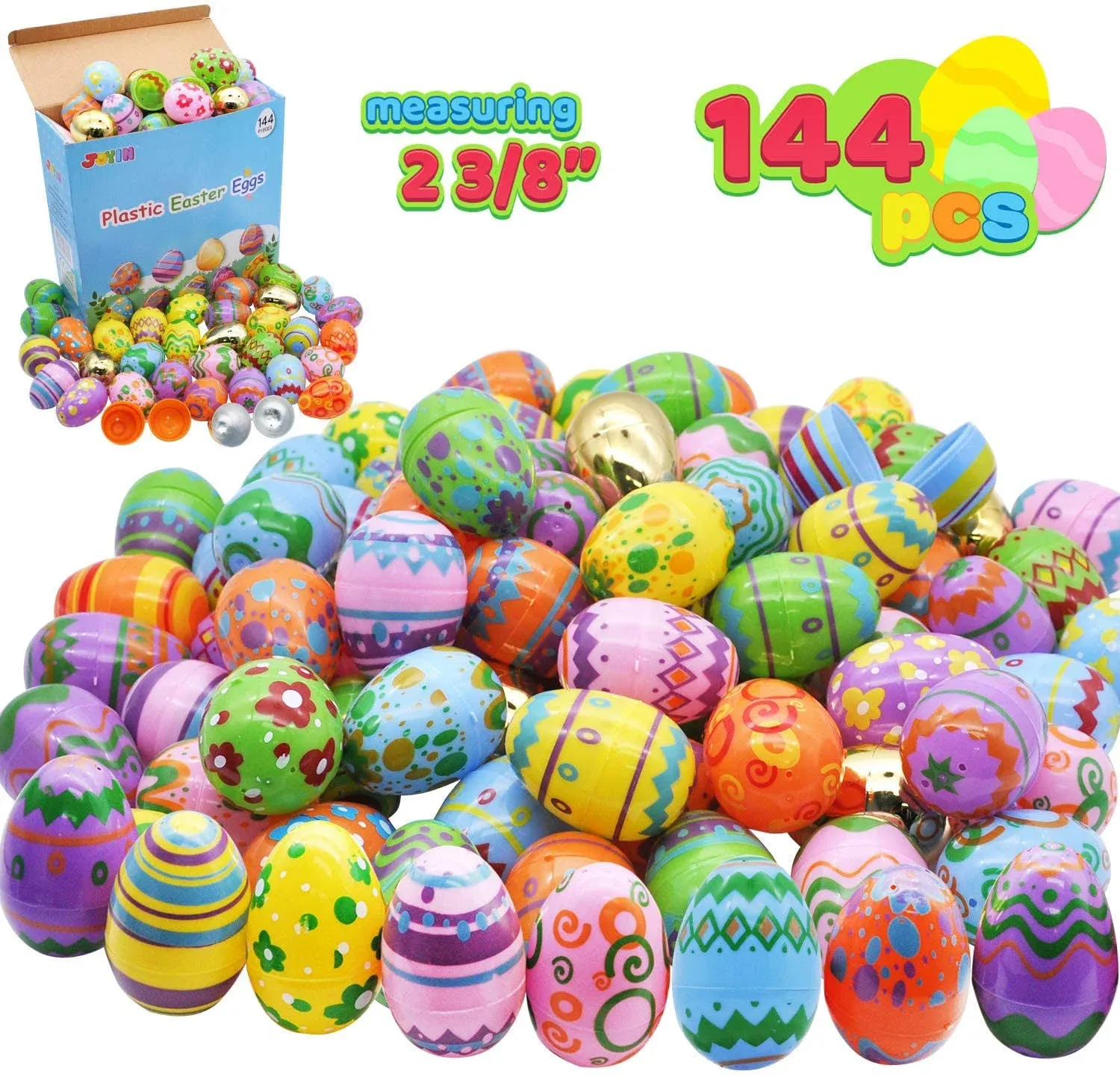 JOYIN 144 Pcs Plastic Printed Bright Easter Eggs 2.3" Tall for Easter Hunt, Basket Stuffers Fillers, Classroom Prize Supplies, Filling Treats and Party Favor