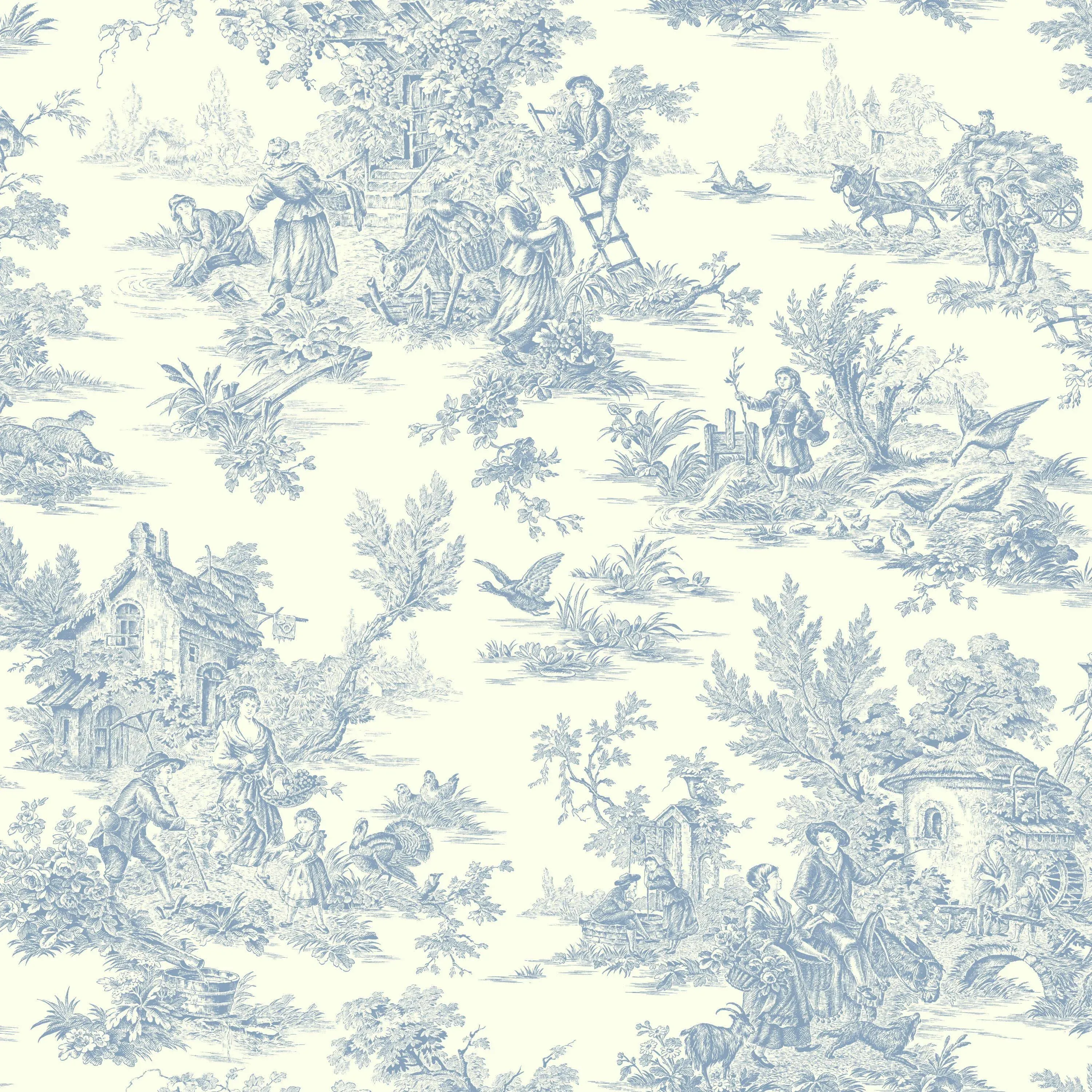 Champagne Toile Wallpaper Blue White