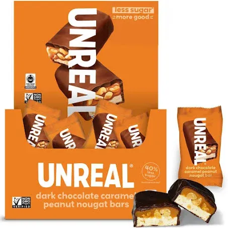 UNREAL Dark Chocolate Peanut Caramel Nougat Bars (30 Mini Bars) | 70% Organic Ingredients, Fair Trade, Non-GMO | No Corn Syrup, Sugar Alcohols, Soy | .67oz each