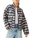 Arssm Women Floral Quilted Puffer Jacket Cropped Lightweight Patchwork Vintage Padded Short Coat Outerwear(Red-L)