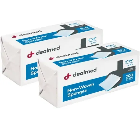 Dealmed 4" x 4" Non-Woven Gauze Sponges, 4-Ply All-Purpose Non-Sterile Gauze Pads, Absorbent Dental Gauze Wound Care for First Aid Kit/Medical Facilities, 200 Count (Pack of 2)