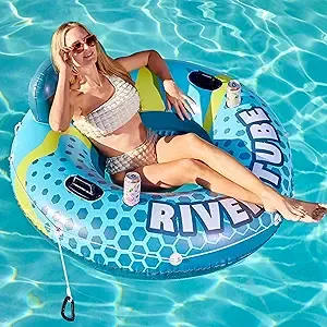 Sloosh Inflatable River Tube Float - Heavy Duty River Run Lake Floating Chair Floaties Adults Sports Fun, Large Pool Floats Raft Water Tubes Lounger with Cup Holders Mesh Bottom (53 inches)