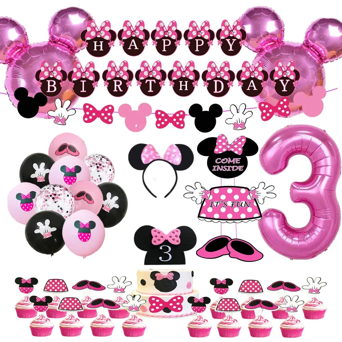 Minnie 3rd Birthday Party Supplies Minnie 3 Year Old Girls Birthday Party Decorations Minnie 3rd Birthday Cake Cupcake Toppers Number 3 Foil Balloon