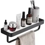 15.7 Inch Bathroom Tempered Glass Shelf with Towel Bar,Wall Mounted Aluminum Shower Organizer,Over Toilet Storage Cabinet,Matte Black,Kitchen Rectangular Vanity Rack