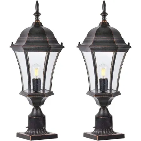 Cast Aluminum 24" Large Outdoor Post Light with 3" Pier Mount, Bronze Exterior Pathway Pole Lights Fixture with Seeded Glass 2 Pack Outside Garden Post Lamp Lantern Head for Driveway, Yard