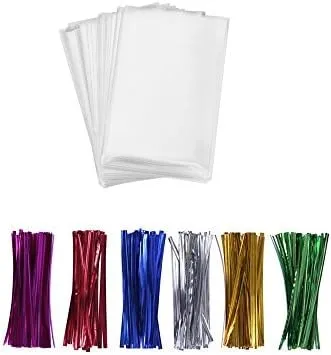 200 Poly Treat Bags 5x7 with 4" Twist Ties Assorted Colors - 1.4mils Thickness OPP Plastic Bags of Candy Cookie Treat (5'' x 7'')