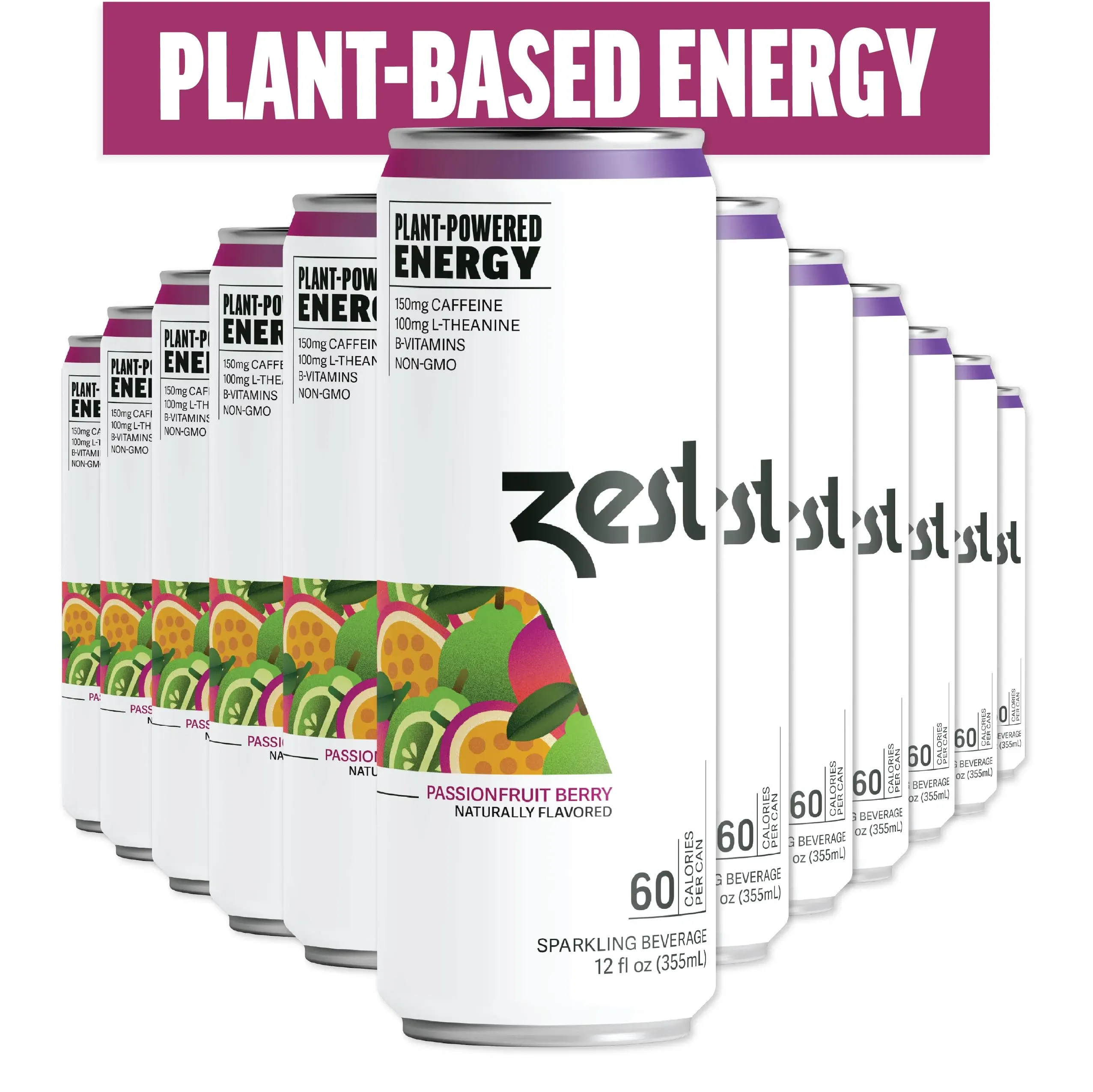 Zest Plant Powered Natural Energy Sparkling Drink - Passionfruit Berry - 150mg Caffeine + 100 mg L-Theanine - 12oz Can 12 Pack - Low Sugar, 60 Cals, Healthy Coffee Substitute, Non GMO High Caff Blend