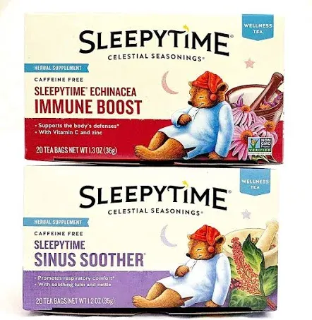 Celestial Seasonings Sleepytime Wellness Tea - Variety Bundle with 2 Boxes; Echinacea Immune Boost (20 tea bags) and Sinus Soother (20 tea bags)