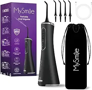 MySmile Water Dental Flosser for Teeth Cordless Oral Irrigator 5 Cleaning Modes 4 Replaceable Jet Tips IPX 7 Waterproof USB Rechargeable Water Dental Picks for Teeth Cleaning with PU Bag Black