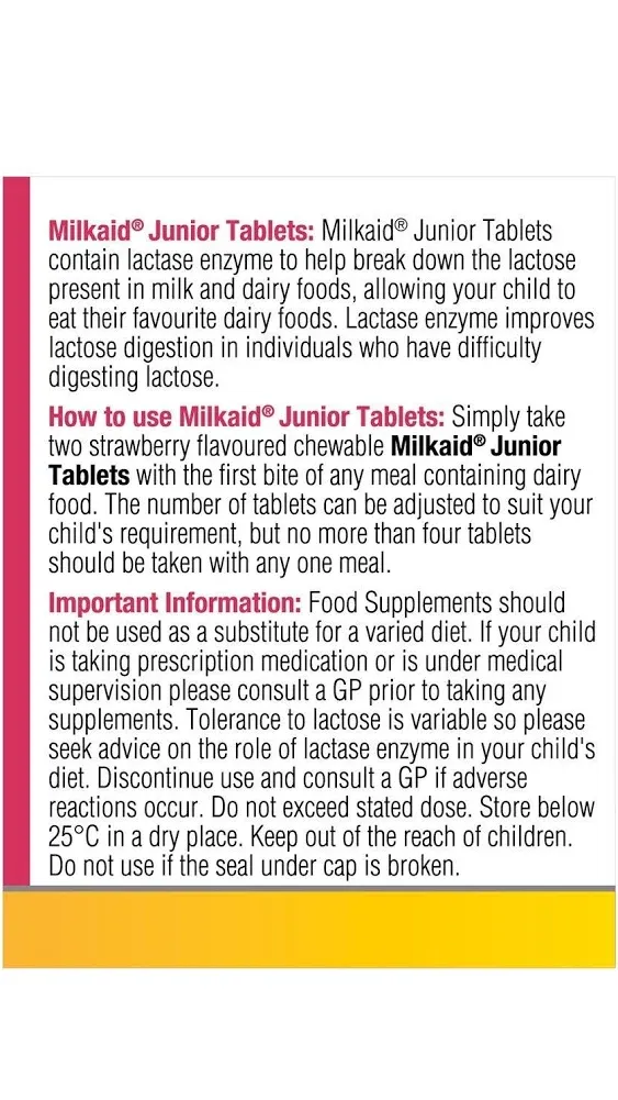 Milkaid Junior Lactase Enzyme Chewable Strawberry 60 Tablets