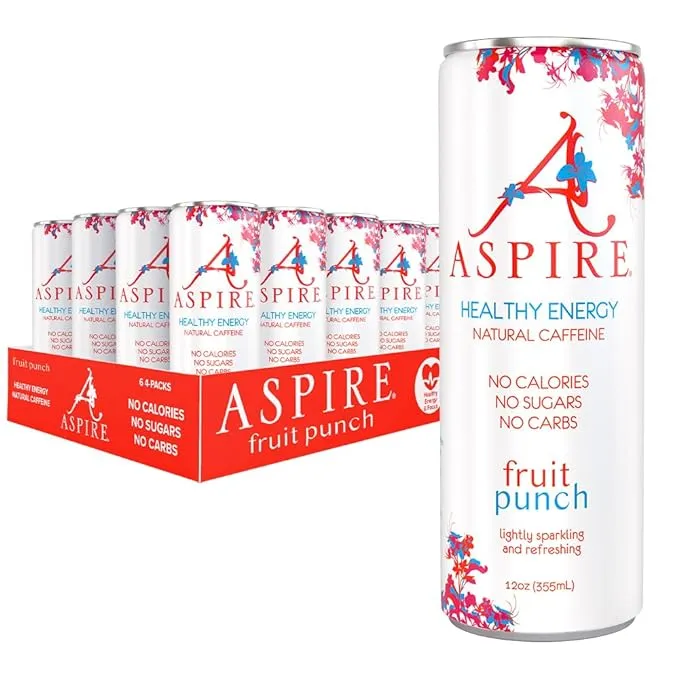 ASPIRE® Fruit Punch, Healthy Energy Drink with Low Caffeine, No Sugar, Carbs, and Keto Friendly, 24 Pack