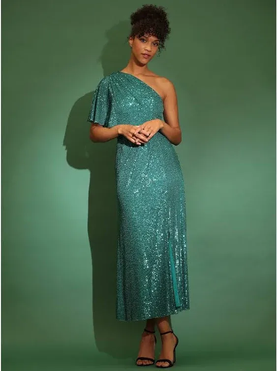 Womens Sequined One-shoulder Cocktail and Party Dress