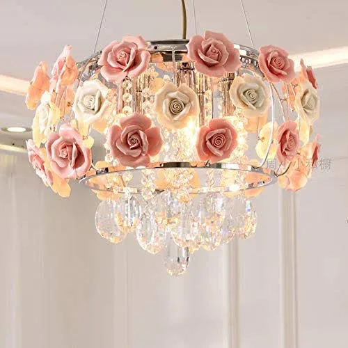 LUOLAX Romantic Ceramic Rose Flower Chandelier Modern Crystal Pendant Lamp Flush ...