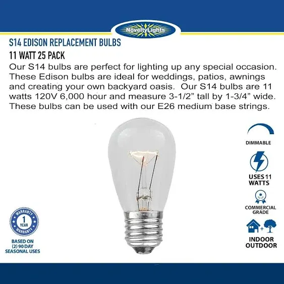 Novelty Lights 25 Pack S14 Outdoor Patio Edison Replacement Bulbs, E26 Medium ...