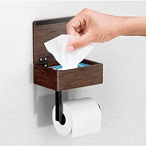 Day Moon Designs Wood Toilet Paper Holder-Wooden Wall Mount Toilet Paper Holder with Shelf as Flushable Wipes Dispenser,Bathroom Storage,Phone Holder Box,Restroom Storage, Black Walnut Wood,Dark Wood