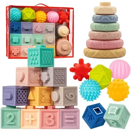 23 PCS Soft Stacking Blocks for Baby Montessori Sensory Teether  Infant Bath Toys for Toddlers Babies Squeeze Play with Numbers Shapes Animals Fruit and Textures Toy 6 9 Month 1 2 Year Old