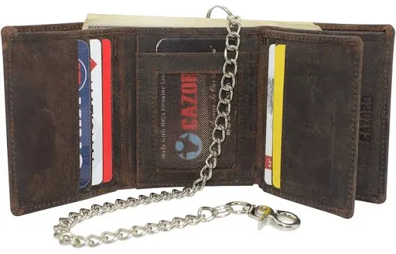 MARSHAL RFID Blocking Mens Chain Biker Vintage Genuine Leather Classic Trifold Wallet (Design Brown With Chain)