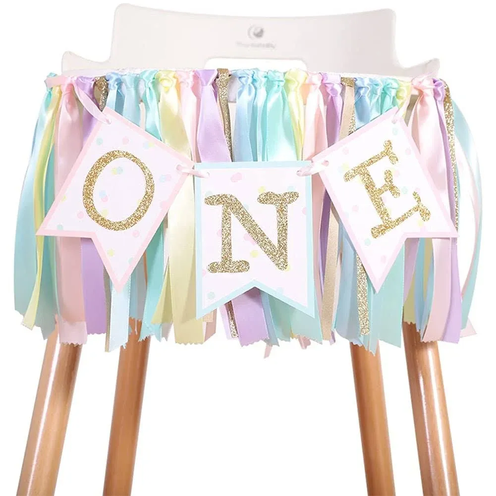 Gold One Birthday Banner for Baby Kids - Rainbow Highchair Banner,Unicorn Themed