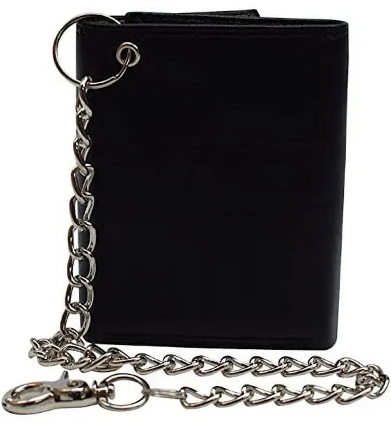 Marshal Men's RFID Blocking Premium Leather Chain Trifold Wallet Black with Chain