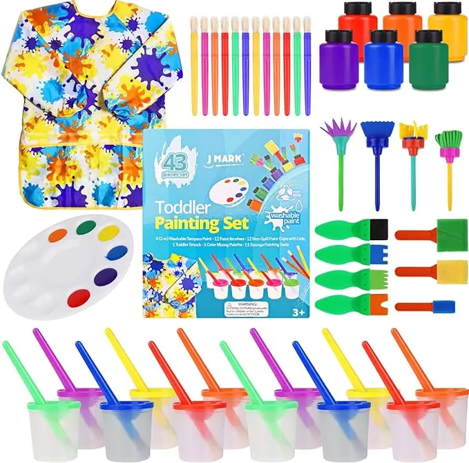 J MARK 43 Piece Toddler Painting Set – Spill Proof Paint Cups for Kids, Washable Kids Paint, Painting Tools, Kids and Toddler Paint Set with Art Smock and More