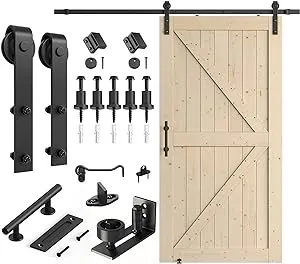 SMARTSTANDARD 42in x 84in Sliding Barn Door with 7ft Barn Door Hardware Kit Included, Unfinished Solid Spruce Wood Door, Assembly Required, DIY, Stainable, Natural