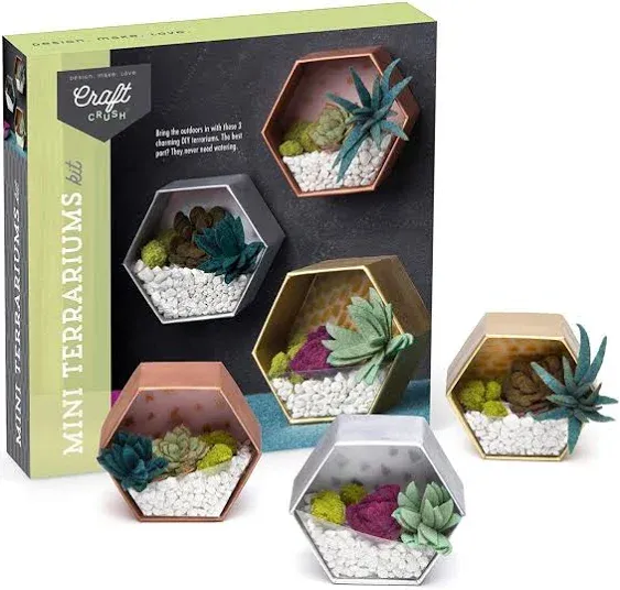 Craft Crush — Mini Plants Terrariums Easy Fun Arts and Craft Kit — Make 3 Charming Faux Terrariums! — For Ages 13 and Up