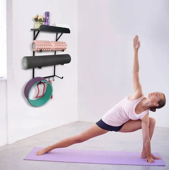 Yoga Mat Holder, Wall Mount Yoga Mat Rack Home Gym Accessories, Storage for Foam Roller, with Wood Floating Shelves and 5 Hooks for Hanging Yoga Strap and Resistance Bands