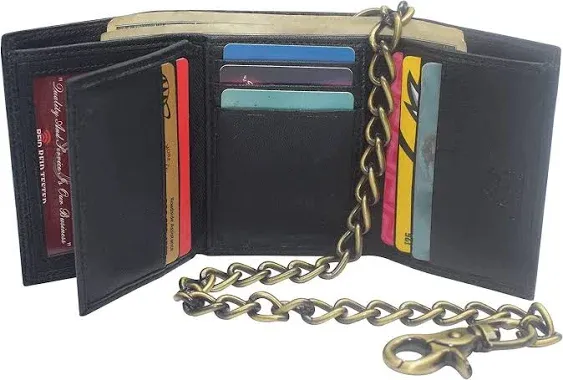 Men's RFID Blocking Premium Leather Chain Trifold Wallet (Black with 15 inch Brass Chain)