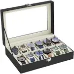 SONGMICS Watch Box, 12-Slot Watch Case with Large Glass Lid, Removable Watch Pillows, Watch Box Organizer, Gift for Loved Ones, Black Synthetic Leather, Greenish Beige Lining UJWB12BE