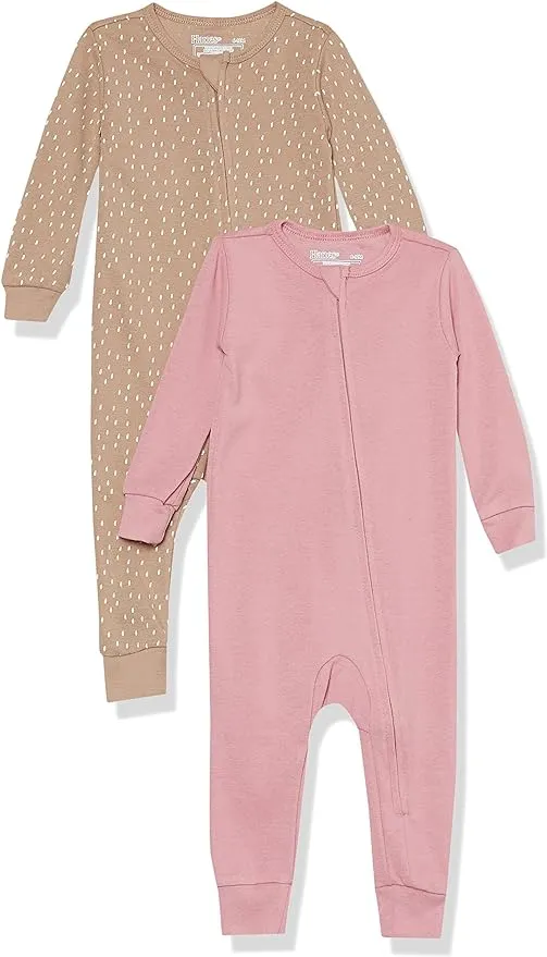 Hanes Zippin Baby Knit Long Sleeve Footless Zip Sleep N' Play, Snug-Fit, 4-Way Stretch, Boys & Girls, 2-Pack Pink Neutral Print Assorted 6-12M