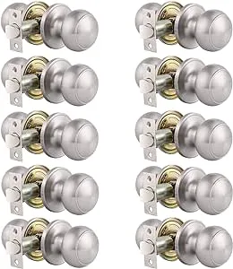 Gobrico 10 Pack Keyless Brushed Nickel Door Knob Passage Door Locks Satin Nickel Interior Round Door Knobs for Closet and Hall Stainless Steel