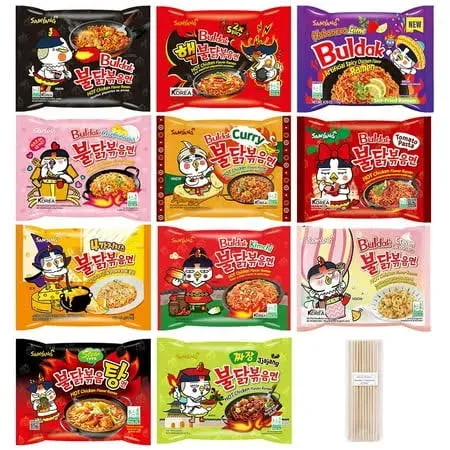 Samyang Spicy Hot Chicken Ramen 11 Flavor Variety Pack - FREE Chopsticks - Korean Buldak Ramen Noodles (11 Pack)