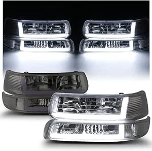 M-AUTO Headlights Assembly w/LED DRL Daylight Strip Compatible with 99-02 Chevy Silverado 1500HD 2500HD 3500HD, 00-06 Suburban 1500 2500 Tahoe, Headlamps w/Signal Lights