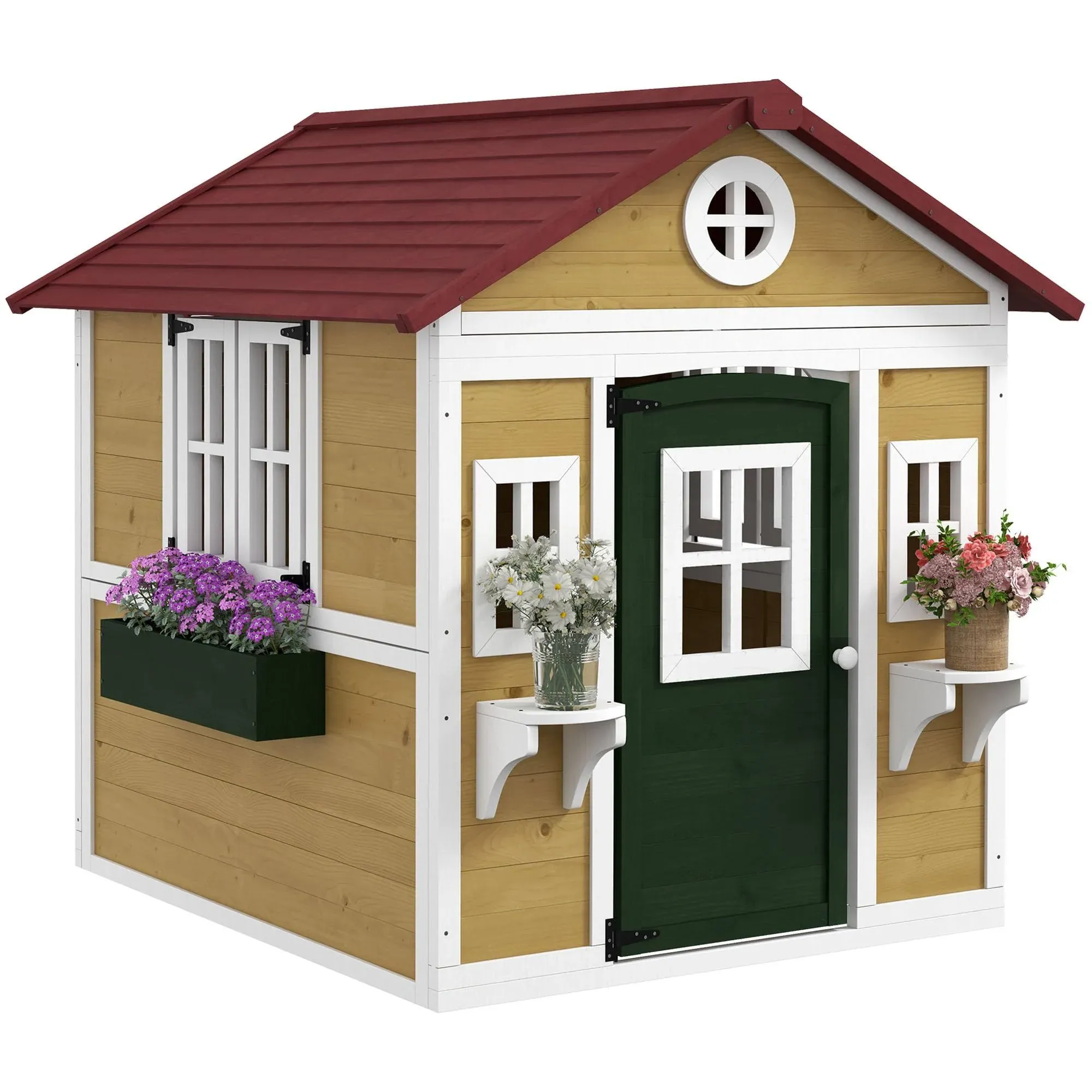 Outsunny Playhouse for Kids Outdoor, Wooden Playhouse with Doors, Windows, Planter Pots and Boxes for Toddlers 3-8 Years, Cottage Play House for