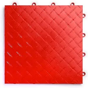 Big Floors RaceDeck Diamond Plate Design, Durable Interlocking Modular Garage Flooring Tile (48 Pack), Red