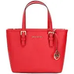 Michael Kors Jet Set Bright Red Leather XS Carryall Top Zip Tote Bag Purse