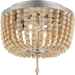 Jonathan Y Allison 10" 2-Light Shabby Chic Farmhouse Wood Beaded/Metal LED Flush Mount, White - Antique Silver