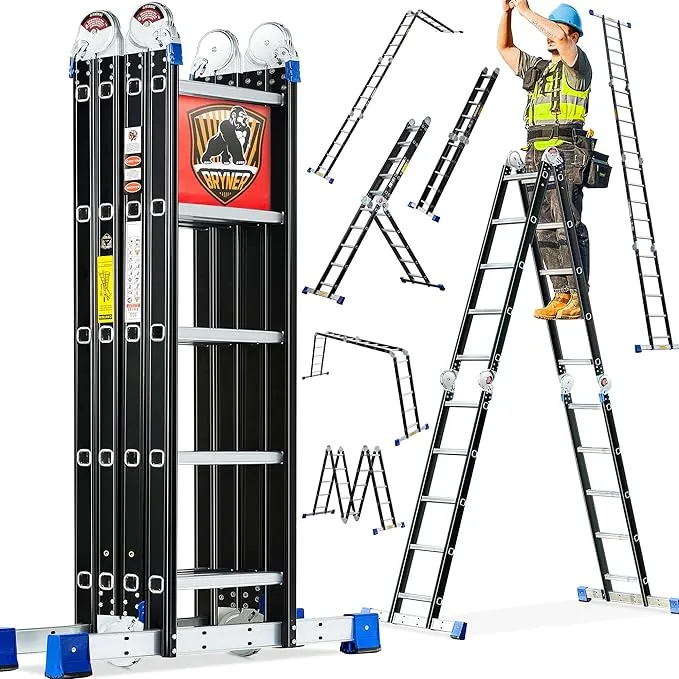 Bryner Folding Step Ladder, 19.6ft, 7 in 1 Multi-Purpose Folding Adjustable Telescoping Aluminium Extension Ladders, 330lbs