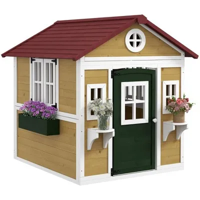 Outsunny Playhouse for Kids Outdoor, Wooden Playhouse with Doors, Windows, Planter Pots and Boxes for Toddlers 3-8 Years, Backyard, Indoor, Beige