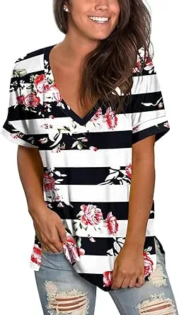 SAMPEEL Women's V Neck T Shirts Casual Rolled Short Sleeve Side Split Summer Tops Loose Fit