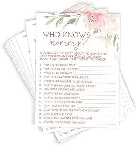 Printed Party Baby Shower Games – Who Knows Mommy Best Game for Girl, Baby in Bloom Floral Theme, 50 Cards