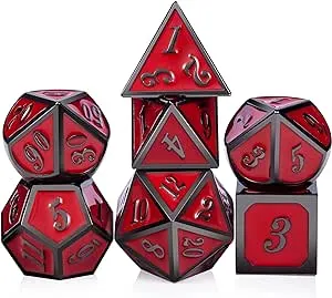 DNDND Red D&D Game Dice,7 Die Polyhedral Metal Dice with Gift Metal Tin for RPG DND Dungeons and Dragons Dice Collector Board Game Player