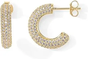 PAVOI 14K Gold Plated 925 Sterling Silver Post Cubic Zirconia Chunky Hoop Earrings | Thick Lightweight Gold Hoop Earrings for Women | Fully Studded Hoop Earring