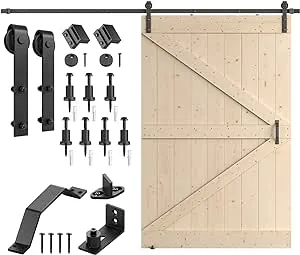 SMARTSTANDARD 60in x 84in Sliding Barn Door with 10ft Barn Door Hardware Kit & Handle, Pre-Drilled Ready to Assemble, DIY Unfinished Solid Spruce Wood Panelled Slab, Frameless K-Frame